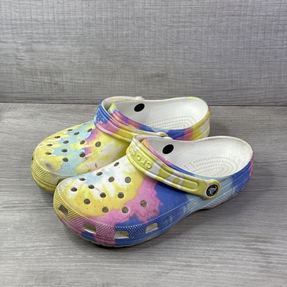 Crocs Shoes Yellow Blue Classic Clogs Pastel Rainbow Tie Dye Mens 6 Women’s 8